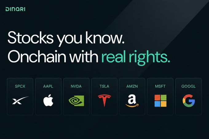 Dinari advertisement reading 'Stocks you know. Onchain with real rights,' featuring logos for SPCX, AAPL, NVDA, TSLA, AMZN, MSFT, and GOOGL.
