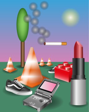 A colorful 3D digital art collage featuring various objects including a lipstick, sneaker, lipstick, tree, traffic cones, cigarette, camera, and floating spheres against a gradient sky.