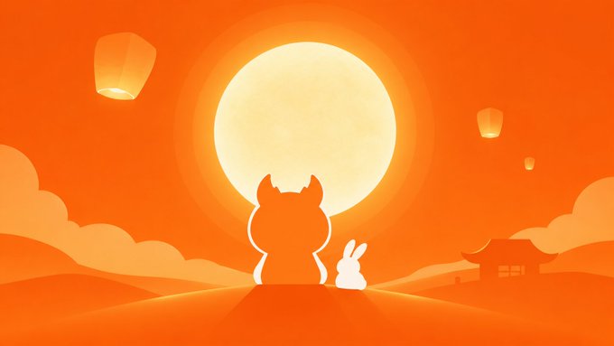 A stylized illustration of a cat and rabbit silhouette gazing at a large full moon with sky lanterns floating in an orange sunset sky.