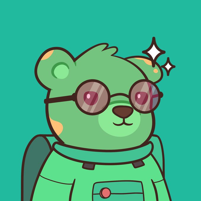 A digital illustration of a cute green bear character wearing round sunglasses with a red reflection and a green hoodie, set against a teal background with sparkles.