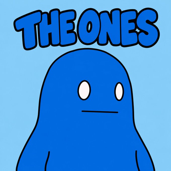 Cartoon logo featuring a blue blob-like character with white oval eyes and a straight-line mouth under the bold blue text "THE ONES" against a light blue background.