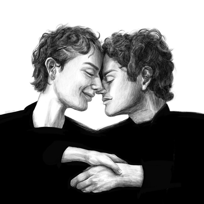 A black and white pencil sketch of two people with short curly hair embracing tenderly, their faces close together with eyes closed.