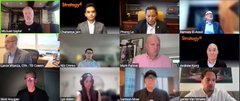 A screenshot of a Zoom video call showing a grid of twelve participants in various indoor settings.
