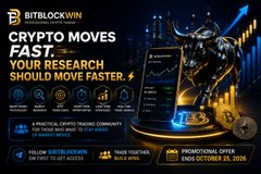 A promotional graphic for BitBlockWin features a bull and rising charts with the bold headline "CRYPTO MOVES FAST. YOUR RESEARCH SHOULD MOVE FASTER," advertising AI-powered trading tools and blockchain services. The image aligns with the post's bullish sentiment by emphasizing fast-moving crypto opportunities and market momentum, complementing the optimistic "$XRP TO THE MOON" message about Brad Garlinghouse's commitment to Ripple.