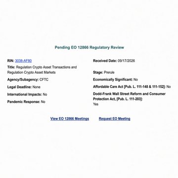 This image shows a regulatory review card for RIN 3038-AF90, titled "Regulation Crypto Asset Transactions and Regulation Crypto Asset Markets" filed under CFTC, with a received date of 09/17/2025. The post speculates that this upcoming EO 12866 regulatory review could provide much-awaited crypto market clarity, suggesting it may cause the price to surge significantly.