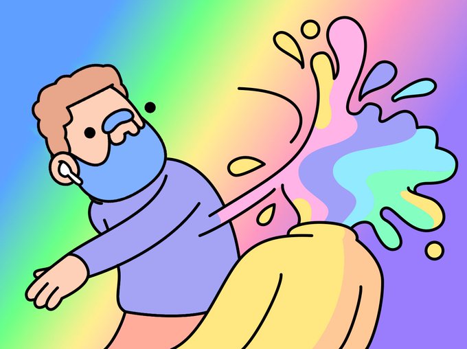 A colorful cartoon illustration of a man with a beard being splashed with multicolored paint against a gradient background.