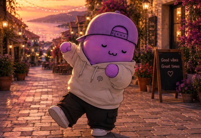 A purple cartoon mascot in streetwear dances joyfully on a cobblestone seaside promenade at sunset, with a chalkboard sign reading "Good vibes, Great times ♥" beside it—capturing the playful, carefree spirit of chasing memecoin gambles while keeping RWA investments as a reliable safety net.