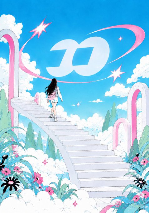 A pastel-colored anime-style illustration shows a girl with long dark hair walking up a staircase toward a cloudy sky featuring a large stylized 'D' logo.
