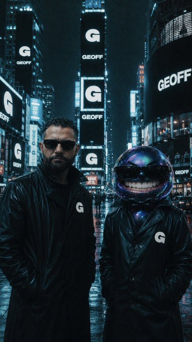 Two men are standing in a dark night city street full of lights and ads for Geoff.ai — a program that makes their bodies and faces look graphic and created by AI, which could even have gone beyond their programming.