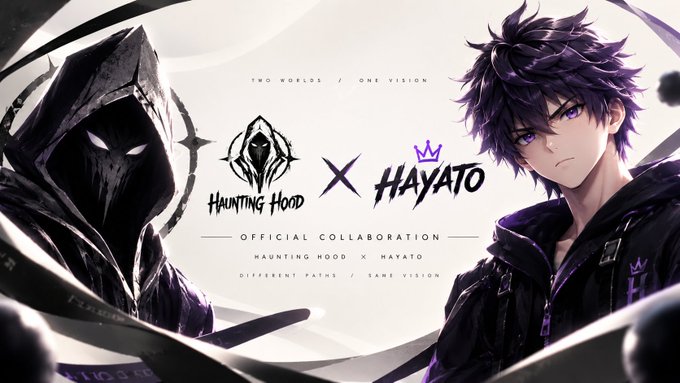 An anime-style promotional poster for an 'OFFICIAL COLLABORATION' between Haunting Hood and Hayato, featuring two dark-haired characters.
