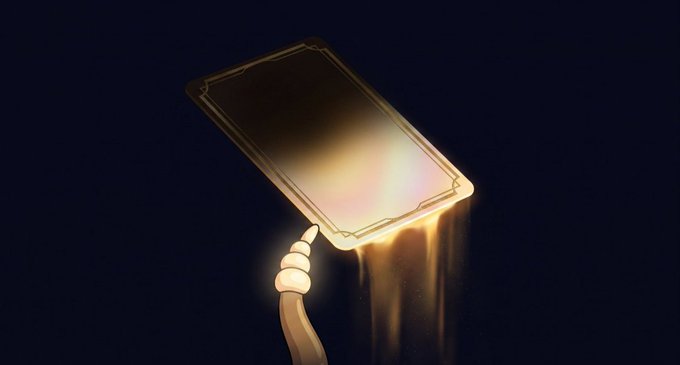 An animated illustration shows a hand holding up a glowing, golden-edged rectangular card or mirror against a dark background, with golden liquid dripping down from its edges.