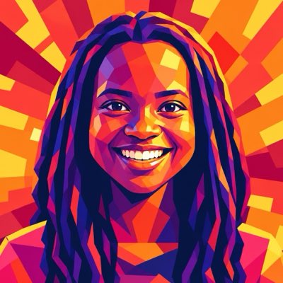 A vibrant, geometric pop-art style portrait of a smiling young woman with long dreadlocks, set against a fiery orange and yellow sunburst background. The bold colors and stylized illustration give the image an energetic feel fitting for a new profile picture announcement.