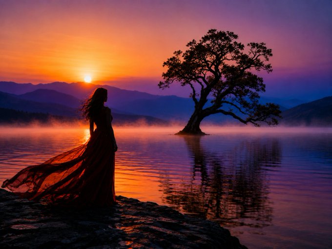 A solitary figure in a flowing red gown stands on a misty shoreline at sunrise, gazing across calm waters toward a lone tree on a small island. This serene, atmospheric piece titled "Morning Haven" is offered as a 1/1 NFT for 5 tezos on objkt.com.