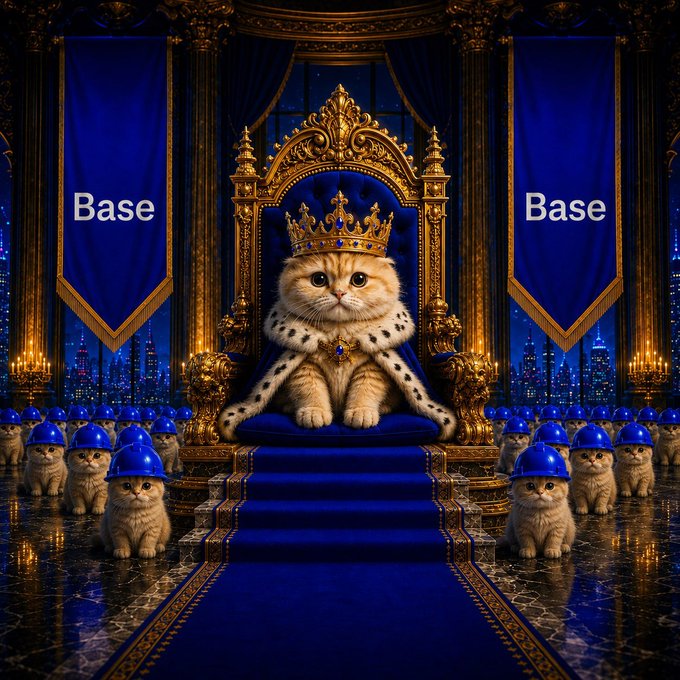 A whimsical image of a cat wearing a crown and royal robes sitting on a throne, surrounded by kittens in blue helmets, with two blue banners reading 'Base' on either side.