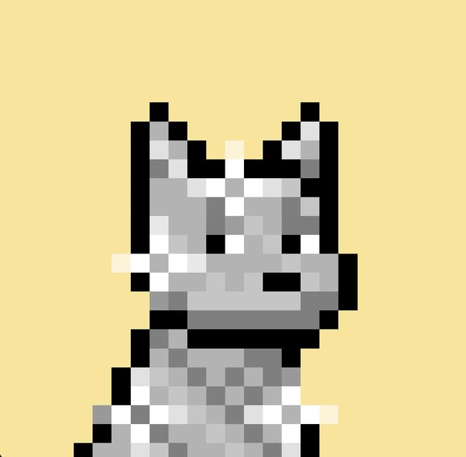 A pixel art portrait of a gray cat character with a stitched or scar-like detail across its face, wearing a gray sweater on a yellow background.