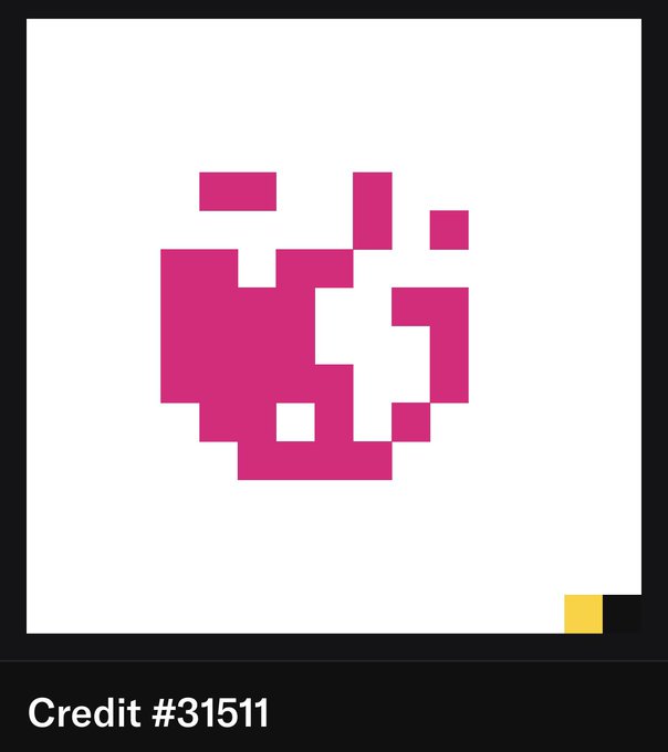 A pixelated pink fist composed of scattered blocks is displayed on a white background with a small yellow accent in the lower right, captioned "Credit #31511" in the black border below.