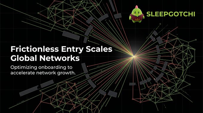 A promotional graphic for SleepGotchi featuring the text 'Frictionless Entry Scales Global Networks - Optimizing onboarding to accelerate network growth.' with a network visualization and green creature mascot logo.