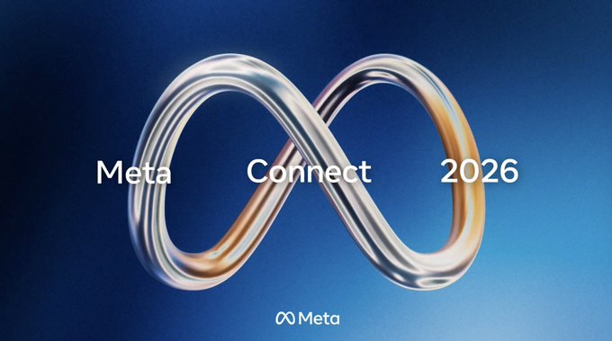 A promotional graphic for 'Meta Connect 2026' featuring a shiny silver and copper-colored Meta infinity logo on a dark blue background.
