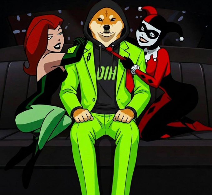 An animated illustration shows a Shiba Inu dog in a green hoodie with "DIH" printed on it, sitting on a couch flanked by Poison Ivy and Harley Quinn. The image visually represents the "$DIH" ticker mentioned in the post, with the dog character appearing to embody the symbol.
