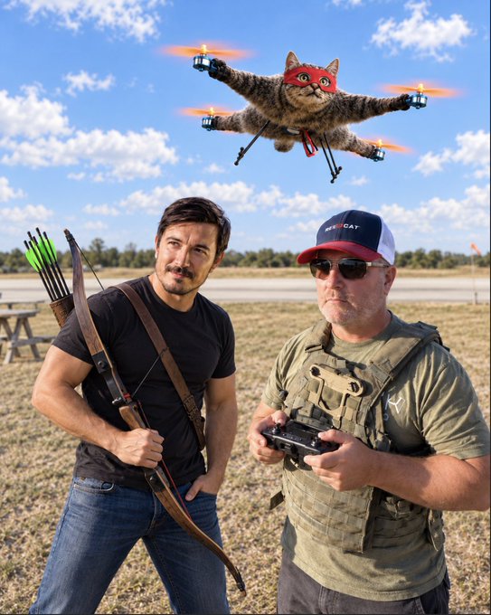 Two men standing in a field, one holding a bow and arrows, the other operating a drone controller, while a tabby cat wearing a red mask flies a drone in the sky above them.