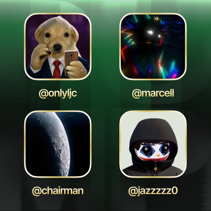 The image displays four social media profile tiles with handles "@onlyjc" (a dog in a suit), "@marcell" (a colorful hooded figure), "@chairman" (a moon image), and "@jazzzzz0" (a masked cartoon character), promoting the @marcell profile for following trades on the Pumpfun app as mentioned in the post.