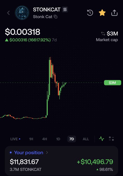 A screenshot of a cryptocurrency trading app displays the STONKCAT token at $0.00318 with a $3M market cap, showing a 7-day chart with a sharp price spike. The user's position shows $11,831.67 (3.7M STONKCAT) with a +98.61% gain of $10,496.79, supporting the post's claim of holding a strong position in the undervalued token compared to similar projects like Knots.