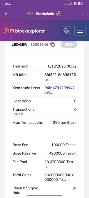 A screenshot of the Pi blockexplorer app showing ledger details including transaction hash, base fee of 100000 Test-π, and protocol version 26.