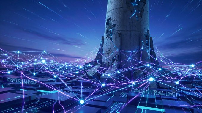 A digital artwork depicting a fractured tower with glowing blue energy lines, labeled 'CENTRALIZED' on the left and 'DECENTRALIZED' on the right.