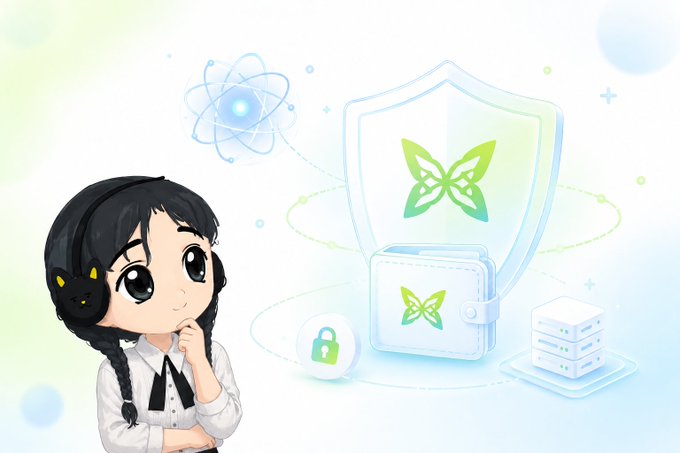 The image features a cartoon girl with black hair wearing headphones, standing next to a white shield with a green butterfly design. The girl appears to be pondering something or looking at her phone while holding her headphones up. In the background, there are two computer servers and a network of blue bubbles floating around them. The caption reads: "we might be sleeping on quantum crypto risks, but @quipnetwork adds low friction post quantum protection to current wallets without migrating, plus a compute layer that shows theyre working on more than just security".