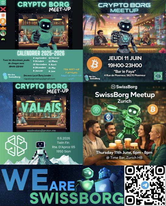 The image features four different posters, each with a unique design and message related to cryptocurrency and the Swiss Borgers meetup. The first poster displays a robot character holding a beer bottle, while the other three posters showcase various elements of the event, such as people sitting at tables or standing in front of buildings. The text on these posters emphasizes the importance of networking and sharing ideas within the crypto community during this meetup.