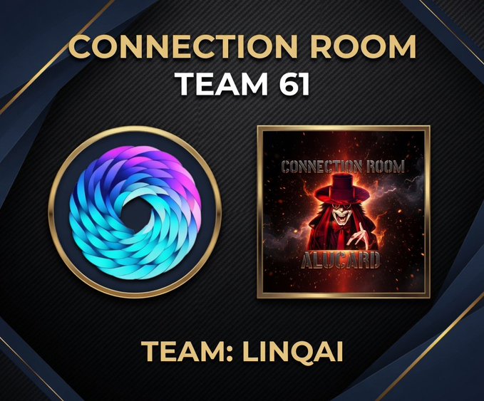 The image features two logos for a project called "Connection Room Team #61 @ linqai What is LinqAI: LinqProtocol is a DePIN-native compute marketplace built by LinqAI to make cloud infrastructure more affordable, open, and scalable." The first logo is blue with purple swirls, while the second logo has a red skull on it. Both logos are placed against a black background, which makes them stand out prominently.