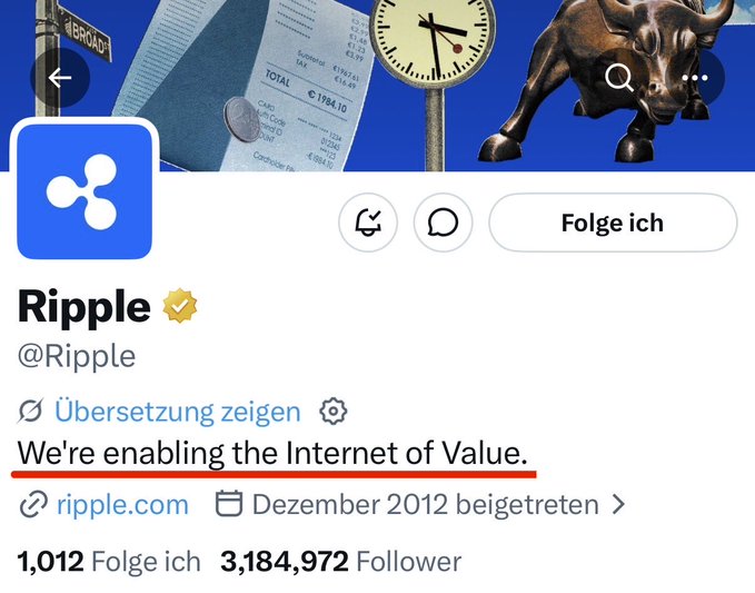 The image features a post from the Ripple cryptocurrency company, which has been changed to include a new title that reads "RIPPLE CHANGED THEIR BIO FROM WE'RE ENABLING THE INTERNET OF VALUE TO WE'RE ENABLING THE INTERNET OF VALUE". The text indicates that their Twitter account now contains information about Ripple related to the development of the cryptocurrency.