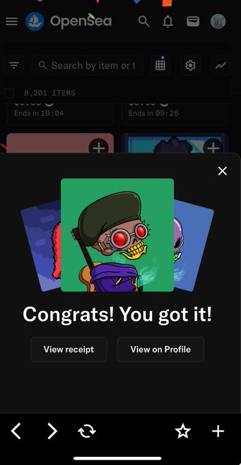 A mobile screenshot of the OpenSea app showing a 'Congrats! You got it!' purchase confirmation for an NFT featuring a skeleton character with a backpack.