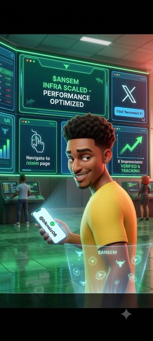 A 3D-rendered character with curly hair in a yellow shirt smiles while holding a smartphone displaying "bullpen" in front of glowing green screens featuring a bull logo, "$ANSEM INFRA SCALED - PERFORMANCE OPTIMIZED," navigation instructions to the "/claim" page, and "X Impressions: VERIFIED & TRACKING" metrics—visually reinforcing the announcement of improved infrastructure and tracking functionality for the $ANSEM community.