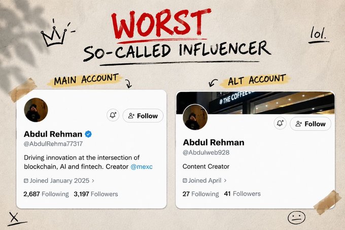 A satirical graphic titled 'WORST SO-CALLED INFLUENCER' showing two Twitter/X accounts labeled 'MAIN ACCOUNT' and 'ALT ACCOUNT' for 'Abdul Rehman' (@AbdulRehma77317 with 3,197 followers and @Abdulweb928 with 41 followers).