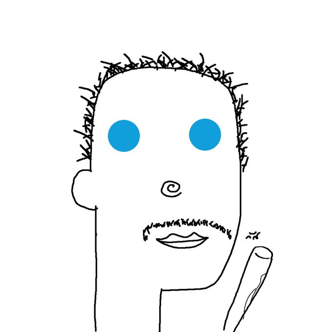 A simple digital drawing of a man's face with bright blue dot eyes, a spiral nose, a mustache, and short stubble, giving a thumbs up.