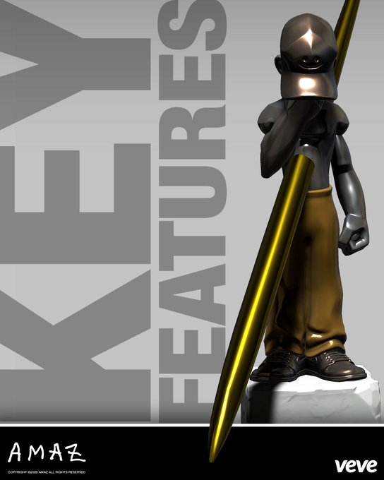 The image showcases a glossy, dark-helmeted figurine holding a golden staff, standing on a white pedestal with bold "FEATURES" text and the "AMAZ" and "veve" branding visible. It visually represents the Silent Survivor NFT by AMAZ, capturing the contemplative, solitary warrior theme described in the post, with the figure's obscured face symbolizing the "untold story" behind every smile.