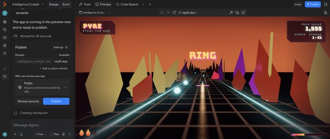 The image shows a Replit preview of a retro-style 3D racing game called "PYRE: Over the Sun," with neon pyramids, a high score of 1,555, and a console/multiplier display of 1x1, demonstrating a web app built using Replit's new affordable Luna-powered mode. The sidebar notes the app is "ready to publish" and built in "Intelligence Cockpit," highlighting how the platform's discounted AI tools enable quick development of creative projects.