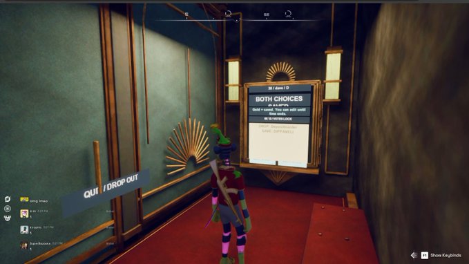 A screenshot from a video game showing a player character in a hallway looking at a menu board titled "BOTH CHOICES" with options including "QUIT / DROP OUT."