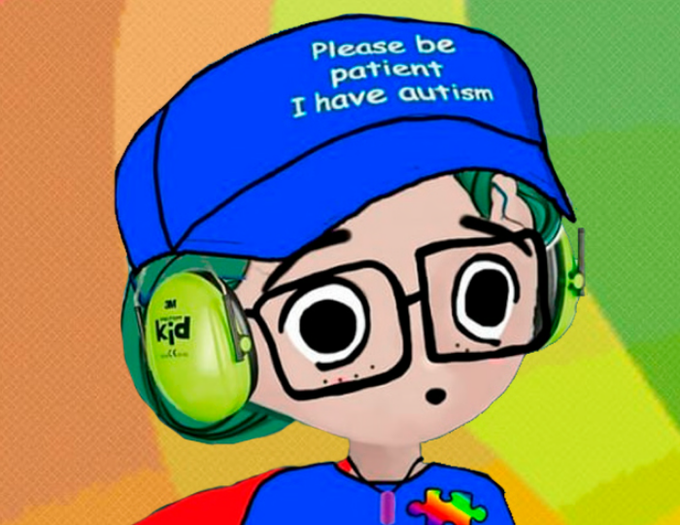 A cartoon illustration shows a child wearing a blue cap reading "Please be patient I have autism," along with green noise-canceling earmuffs, glasses, and a puzzle piece pin. The image symbolizes the developer's polite request for users to wait patiently while they work on coding a tool to detect and expose fake or duplicated trader accounts across platforms like Axiom, GMGN, Trojan, BullX, and Photon.