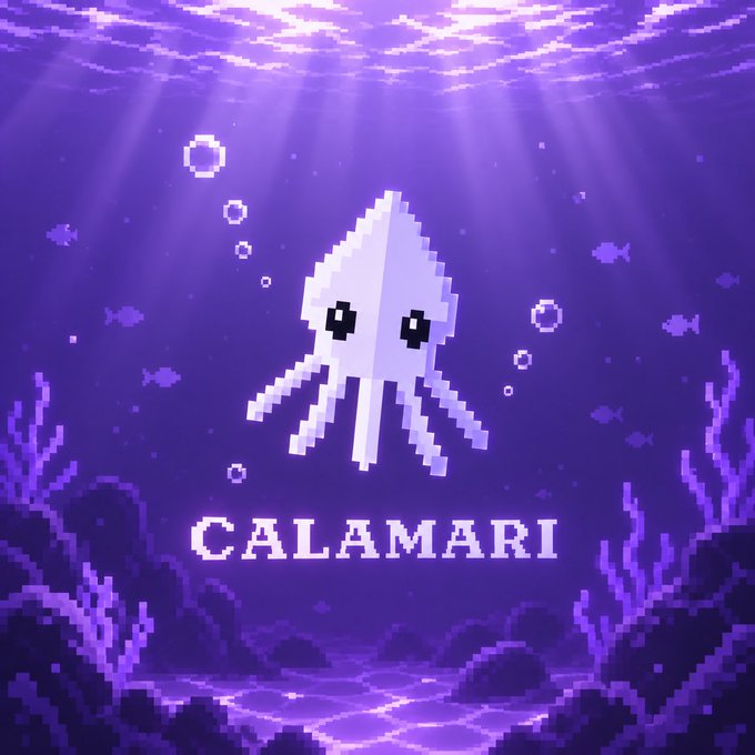 A pixel art design featuring a white squid with large black eyes floating in a purple underwater scene with bubbles and coral, labeled 'CALAMARI' at the bottom.
