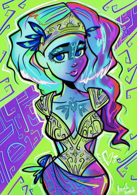 A colorful digital illustration depicts a blue-skinned warrior woman with flowing hair, wearing gold armor against a neon green and purple background.