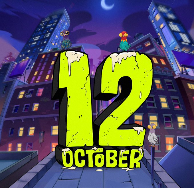 A cartoon-style cityscape at night features large, dripping yellow-green text reading "12 OCTOBER" with three cartoon pigeons perched around it, visually announcing the upcoming date teased in the post. The dripping, ghostly aesthetic and urban setting evoke a Halloween vibe, building hype for a drop on OpenSea.