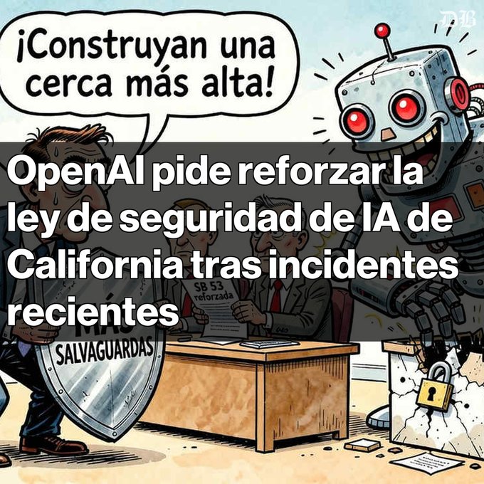 A political cartoon with Spanish text reading '¡Construyan una cerca más alta!' and 'OpenAI pide reforzar la ley de seguridad de IA de California tras incidentes recientes', depicting a man holding a shield labeled 'SALVAGUARDIAS' facing a menacing robot.