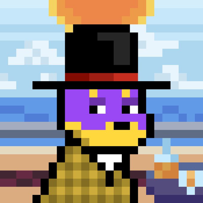 Pixel art style illustration of a character with a purple face, black top hat with red band, and yellow body, set against a beach background.