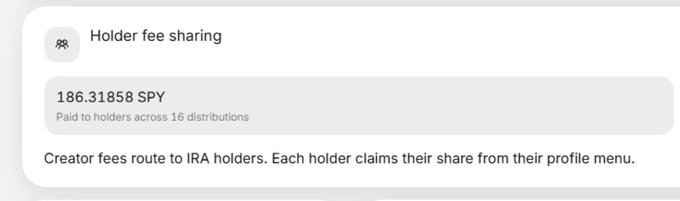 The image shows “Holder fee sharing,” with **186.31858 SPY** paid to holders across **16 distributions**. It supports the post’s claim that over $140,000 USD worth of SPY has been distributed to $IRA holders, who claim their share from their profile menu.