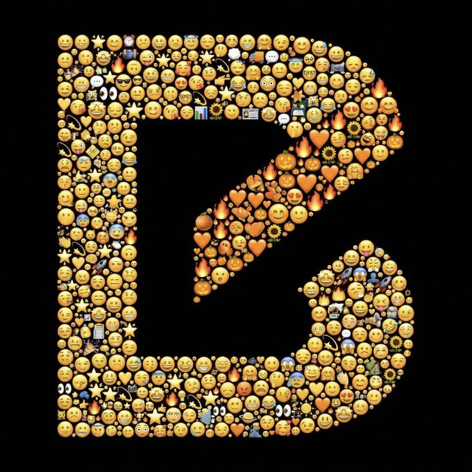 A large stylized "E" shape composed entirely of colorful emoji faces and symbols (hearts, fire, stars, smileys) against a black background, likely representing the logo of BloFin exchange. The emoji-collage design ties directly into the World Emoji Day theme, visually celebrating emojis while promoting the giveaway contest.