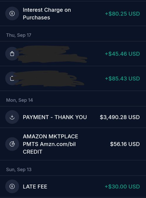 A mobile banking app transaction history screenshot showing credit card activity, including an 'Interest Charge on Purchases' of +$80.25 USD, a payment of $3,490.28 USD, and a $30.00 late fee.