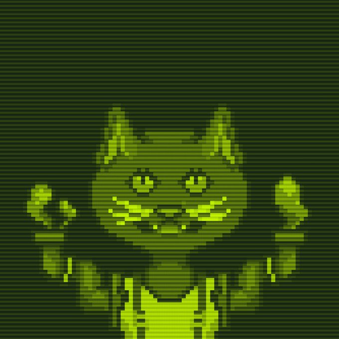 A green pixelated cat-like character smiling and holding objects in both hands against a dark, scanline-textured background.