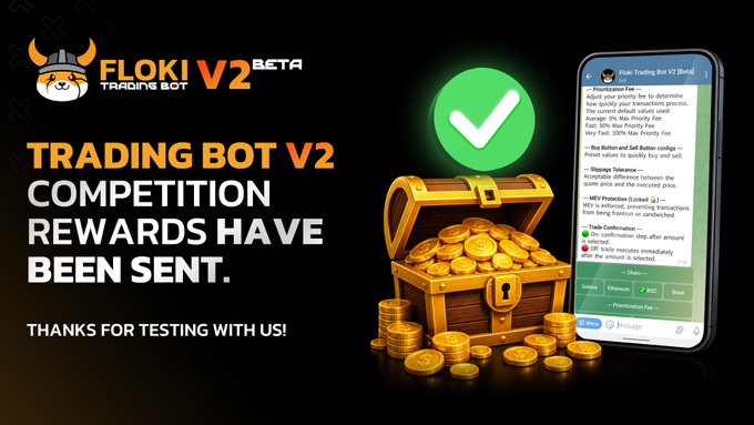 A promotional graphic announces that FLOKI Trading Bot V2 competition rewards have been distributed, featuring a treasure chest overflowing with gold coins, a green checkmark indicating successful distribution, and a smartphone displaying the Trading Bot V2 Beta interface with configuration details for the FLOKI/USDT pair, alongside the text "Trading Bot V2 Competition Rewards Have Been Sent. Thanks for Testing With Us!"